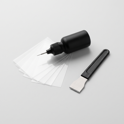 GANDHI GlassFix windshield repair kit: resin applicator, curing films and razor blade