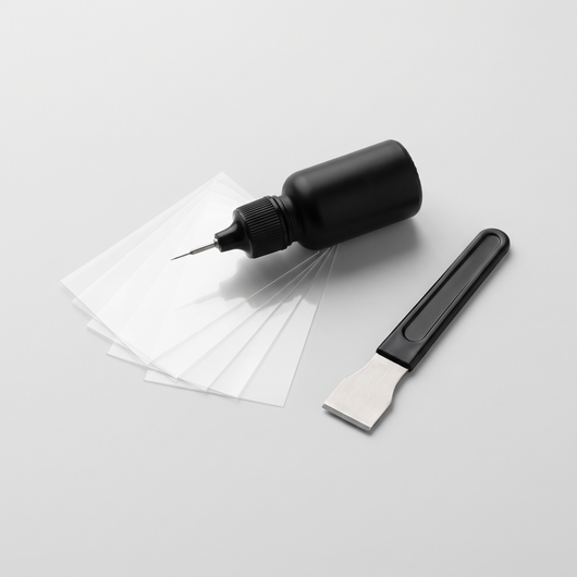 GANDHI GlassFix windshield repair kit: resin applicator, curing films and razor blade